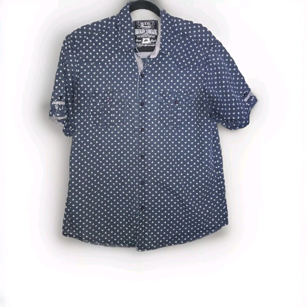 Broken Threads Mens Large‎ Blue Navy Sailor Anchor Button Up Shirt Short Sleeve